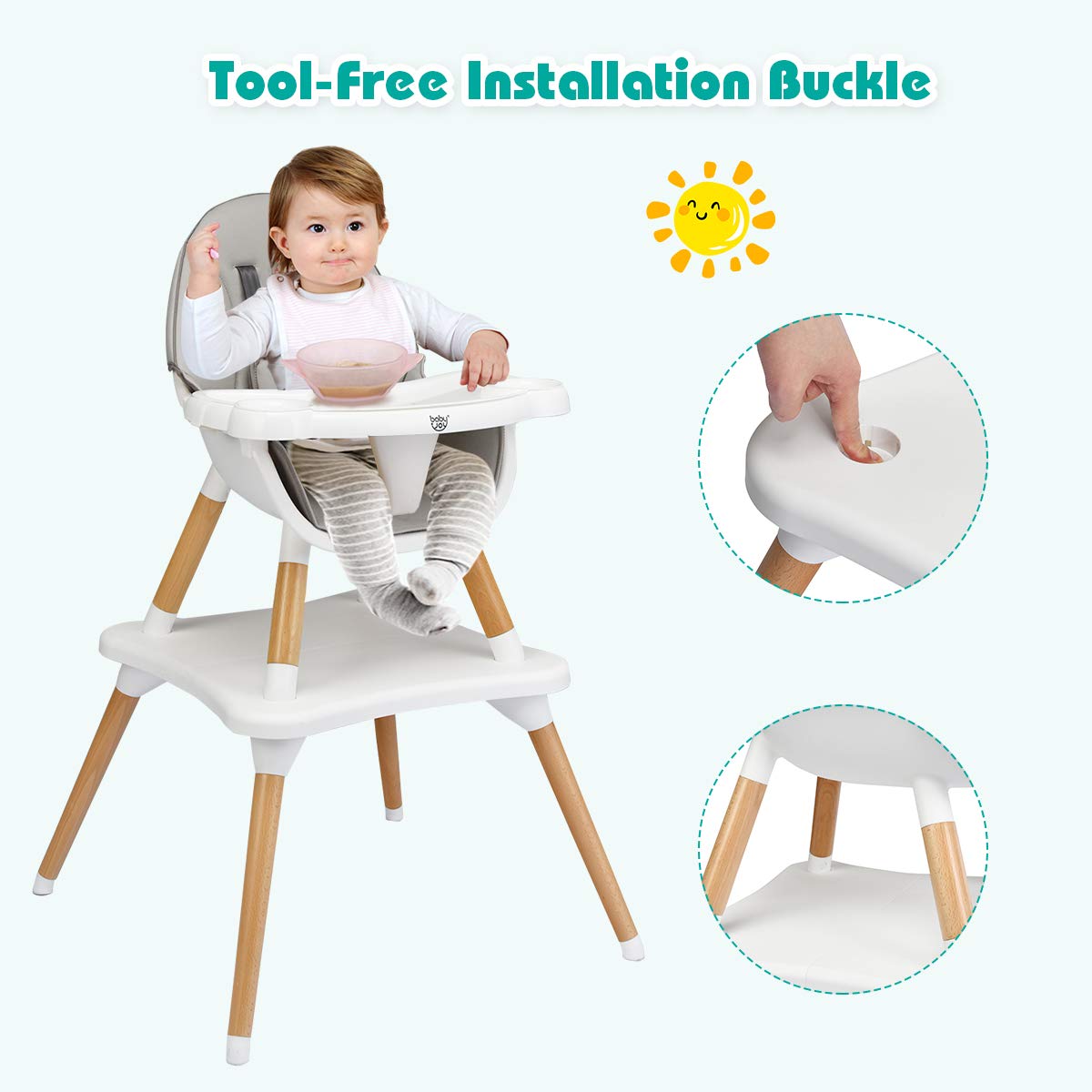 BABY JOY 6 in 1 High Chair, Convertible High Chairs for Babies and Toddlers/Booster Seat/Table and Chair Set, Infant Wooden Highchair w/ 5-Point Harness, 4-Position Removable Tray & PU Cushion, Coffee