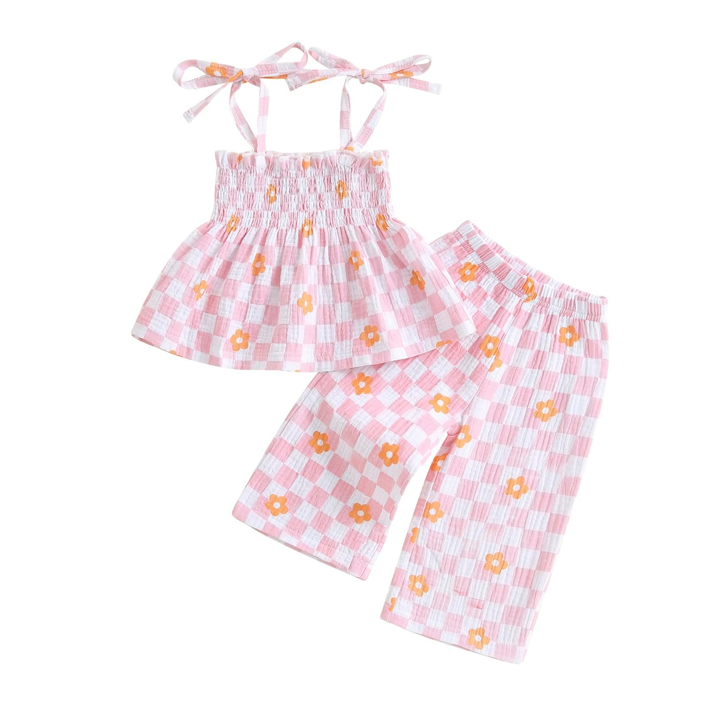 Toddler Baby Girl Clothes Tie-Up Strap Ruffle Camisole Tops Linen Pants Set Little Girls Summer Outfits