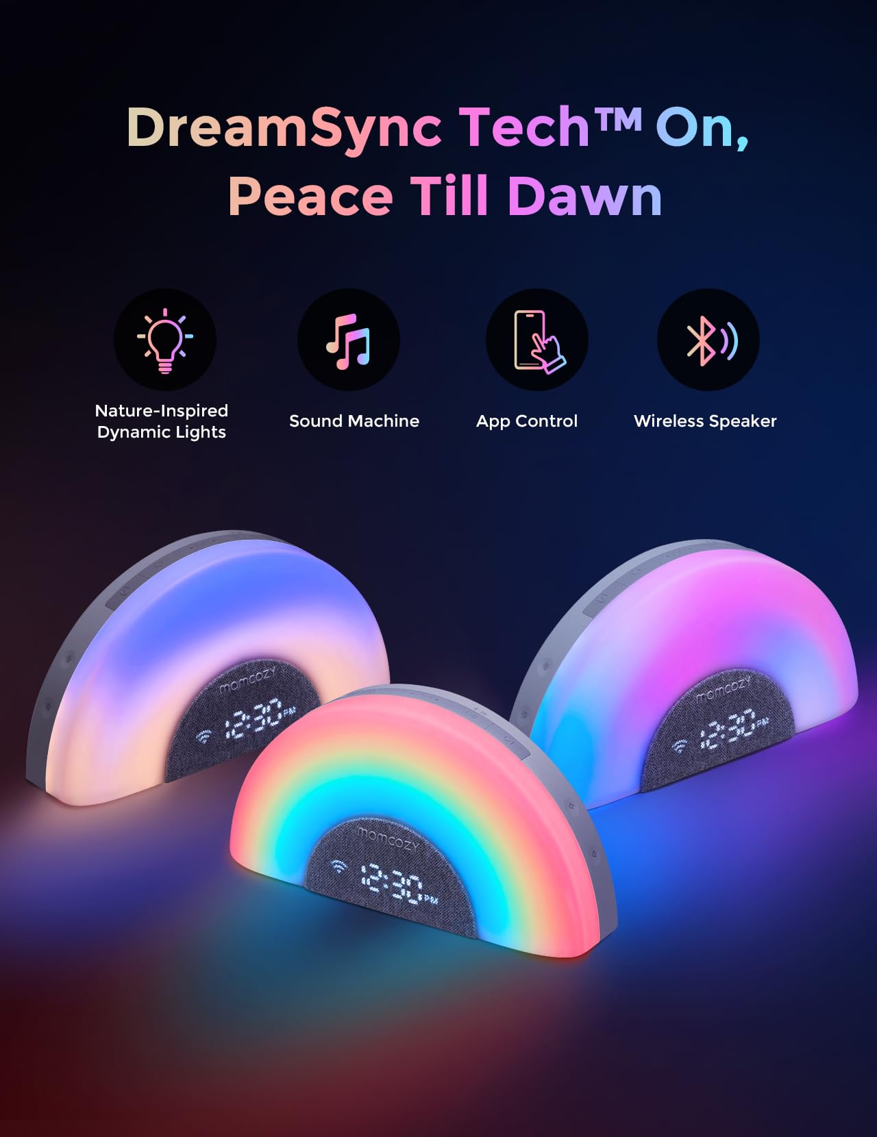 Momcozy DreamSync Tech™ Baby Sound Machine, Night Light, APP Control, Routine Builder, White Noise Machine with 34 Soothing Sounds, Wake Up Light Sunrise Alarm Clock, Wireless Speaker