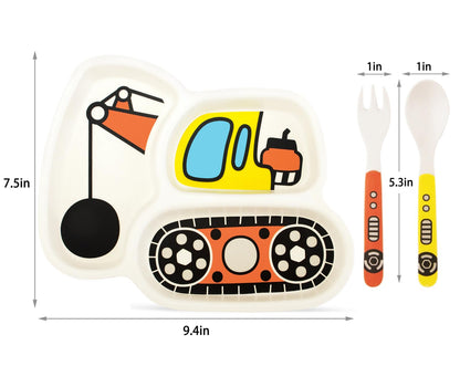 Kids Plate Set, Included Fork and Spoon 3-Piece Set - Toddler Dinnerware Dinner Dish Set - Baby Feeding Divided Plate - Child Portion Control Dish Tray (Excavators)