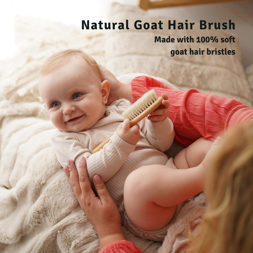Baby Hair Brush with Soft Goat Bristles - Wooden Cradle Cap Brush for Newborns, Infants, Toddlers, and Kids - Gentle Scalp Grooming and Styling for Baby Girls and Boys (Sky)