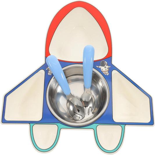 Beaupretty Children's Airplane Shaped Divided Plate Set for Toddlers 304 Stainless Steel Dinnerware with Spoon and Fork for Baby Food Serving and Creative Meals