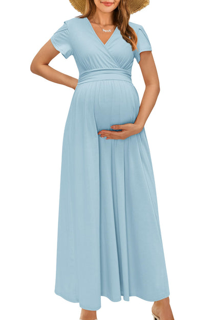 OUGES Maternity Maxi Dress Wrap V Neck Baby Shower Pregnancy Dresses for Photoshoot