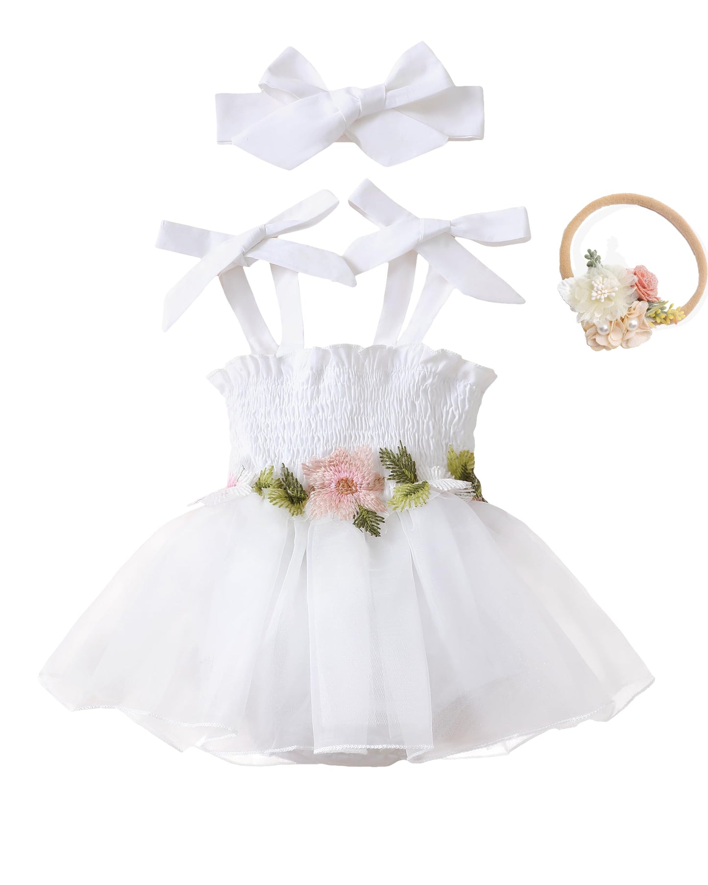 Renotemy Baby Girl Tulle Dress Sleeveless Romper Smocked Halter 1st Birthday Clothes Cake Smash Outfits with Flower Headband