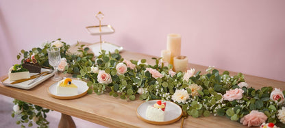 Anna's Whimsy 5.91FT Artificial Eucalyptus Garland with Flowers, Fake Flower Rose Gypsophila, Faux Floral Greenery Garland for Wedding Spring Home Party Craft Art Table Runner Decor