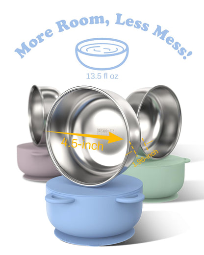 Baby Suction Bowls with Lids 4-Pack, 2-in-1 Stainless Steel 304 Toddler Bowl & Removable Silicone Suction Kids Bowl Plate Set Non Toxic Snack Dishes for Self-Feeding, Sunrise Meadow