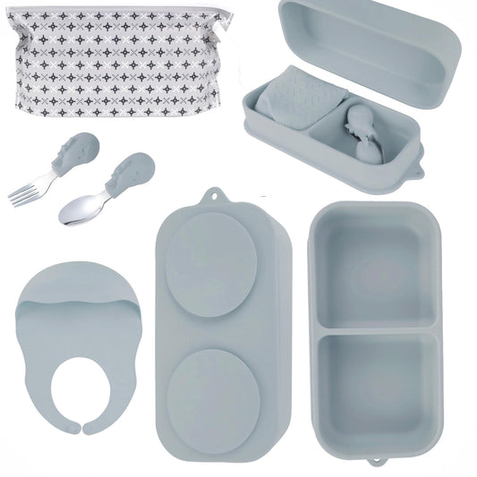 Travel Silicone Baby Feeding Set with 316 Stainless Steel Spoon & Fork ,Silicone Suction Plates, Foldable Bib, Storage Bag - Portable Infant Toddler Utensils, 6-Piece BPA-Free Dishware Kit（gray）