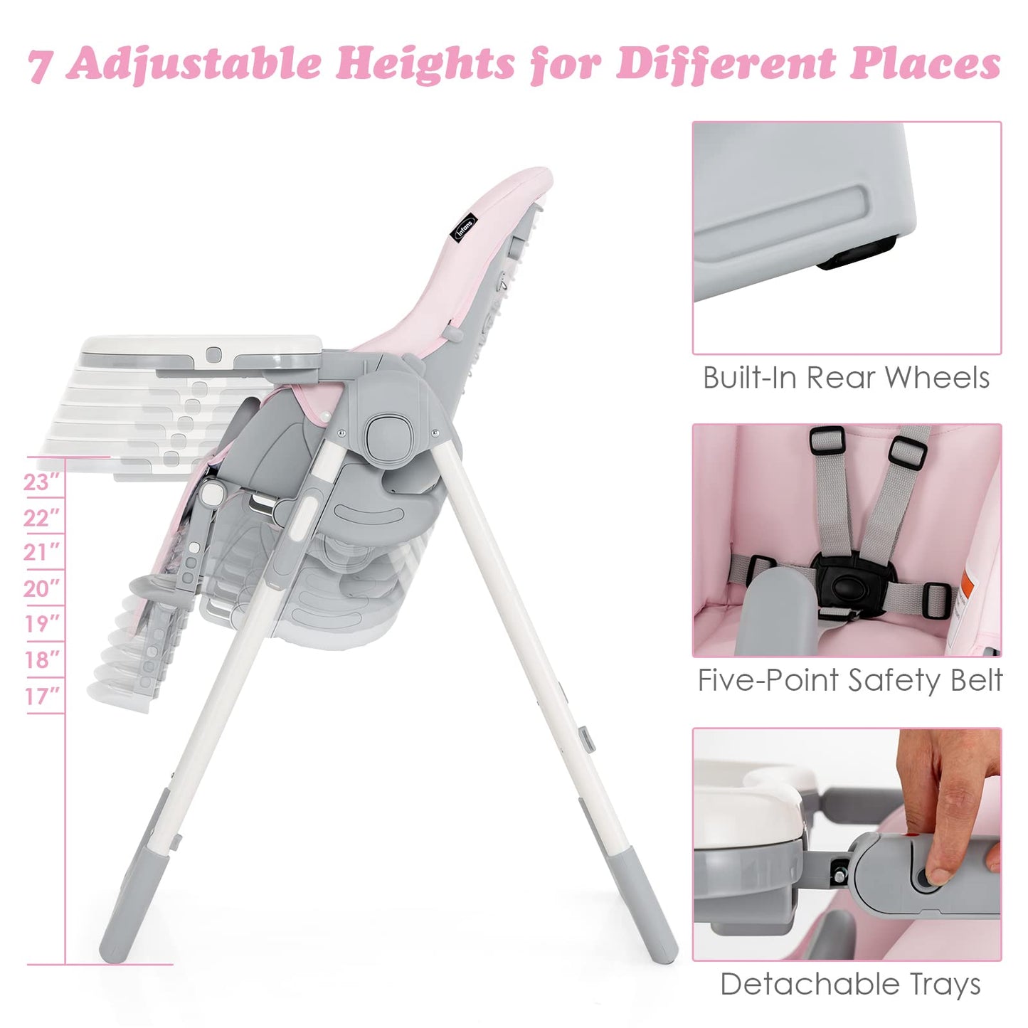 INFANS High Chair for Babies & Toddlers, Foldable Highchair with Multiple Adjustable Backrest, Footrest and Seat Height, Removable Tray, Detachable PU Leather Cushion, Built-in Rear Wheels (Black)