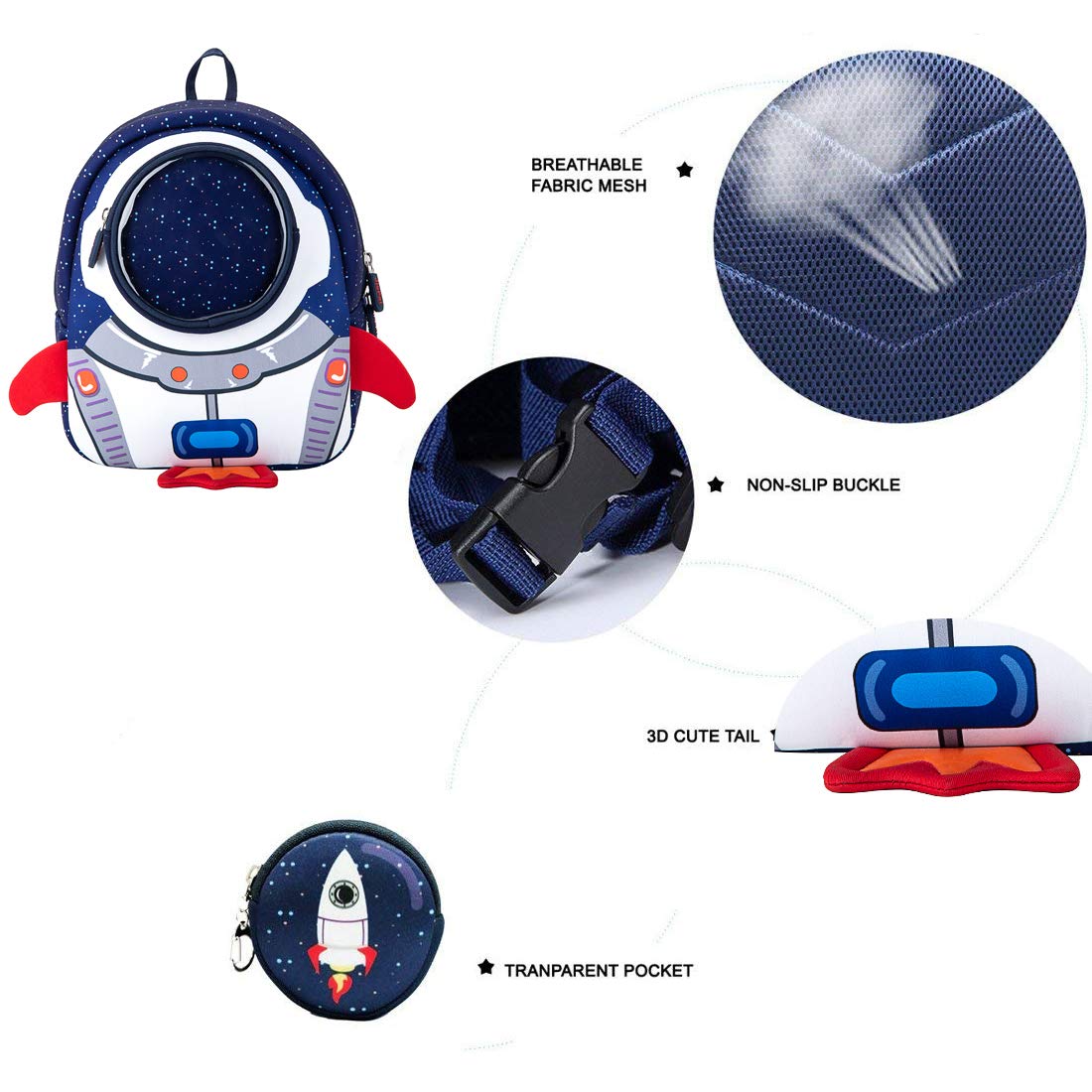 JiePai Rocket Toddler Kids Backpack with Harness Leash for Boys Girls Age 1-3