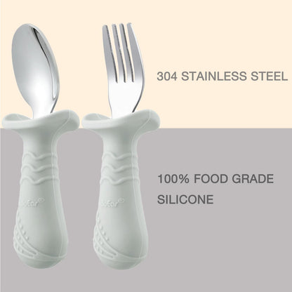 PandaEar Baby Toddler Fork and Spoon Utensil Set, 6 Pack Silicone Stainless Steel Silverware Spoon Fork for Babies Toddler, BPA Free with Silicone Holding Anti-Choke Design (Green Blue Brown)