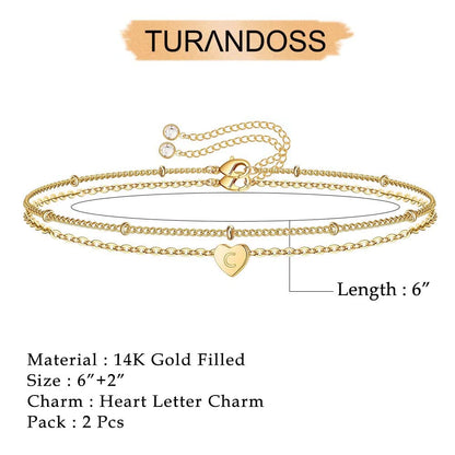 Turandoss Dainty Heart Initial Bracelets for Women Girls, 14K Gold Filled Handmade Personalized Letter Layered Heart Initial Bracelets for Women Teen Girls Jewelry Gifts