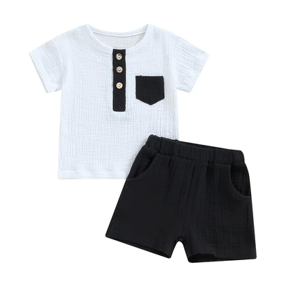 fhutpw Baby Boy Summer Outfits Henley Shirt Soft Pocket Short Sleeve Tops & Shorts Sets Infant 3 6 12 18 Months 2T Clothes