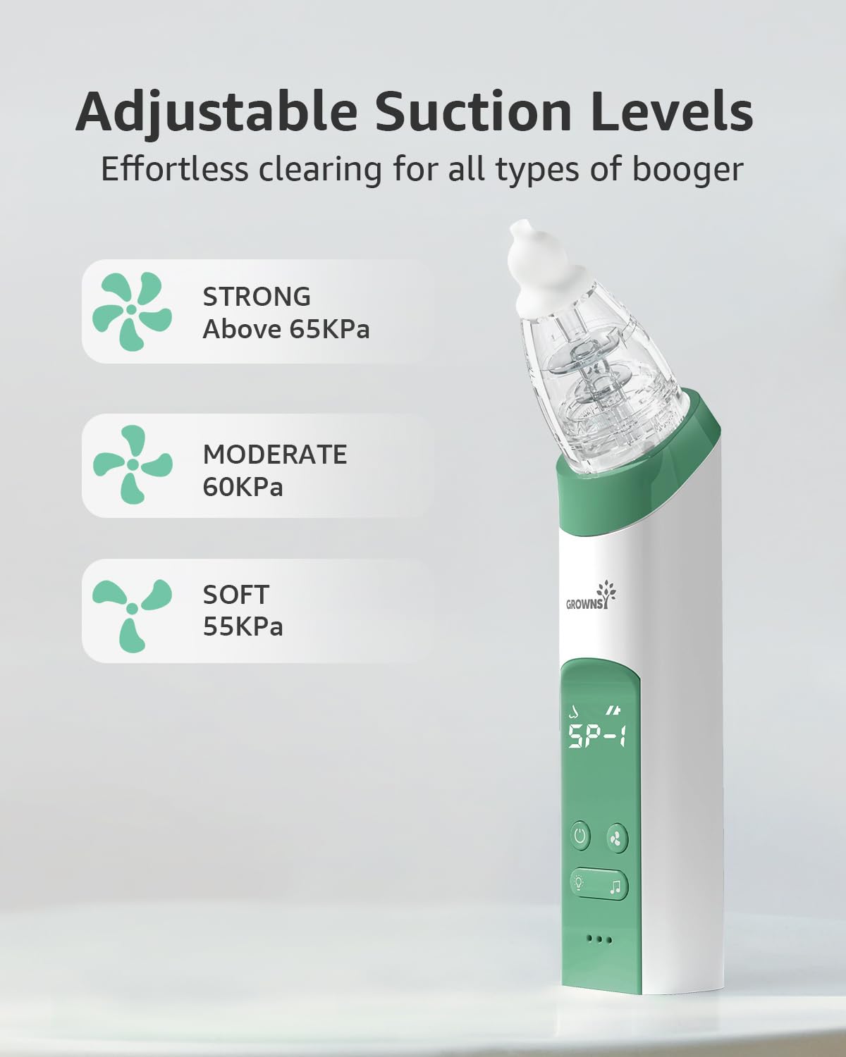 GROWNSY Nasal Aspirator for Baby, Electric Nose Aspirator for Toddler, Baby Nose Sucker, Automatic Nose Cleaner with 3 Silicone Tips, Adjustable Suction Level, Music and Light Soothing Function