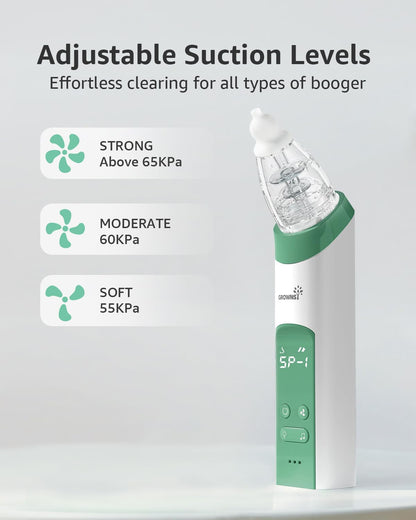 GROWNSY Nasal Aspirator for Baby, Electric Nose Aspirator for Toddler, Baby Nose Sucker, Automatic Nose Cleaner with 3 Silicone Tips, Adjustable Suction Level, Music and Light Soothing Function