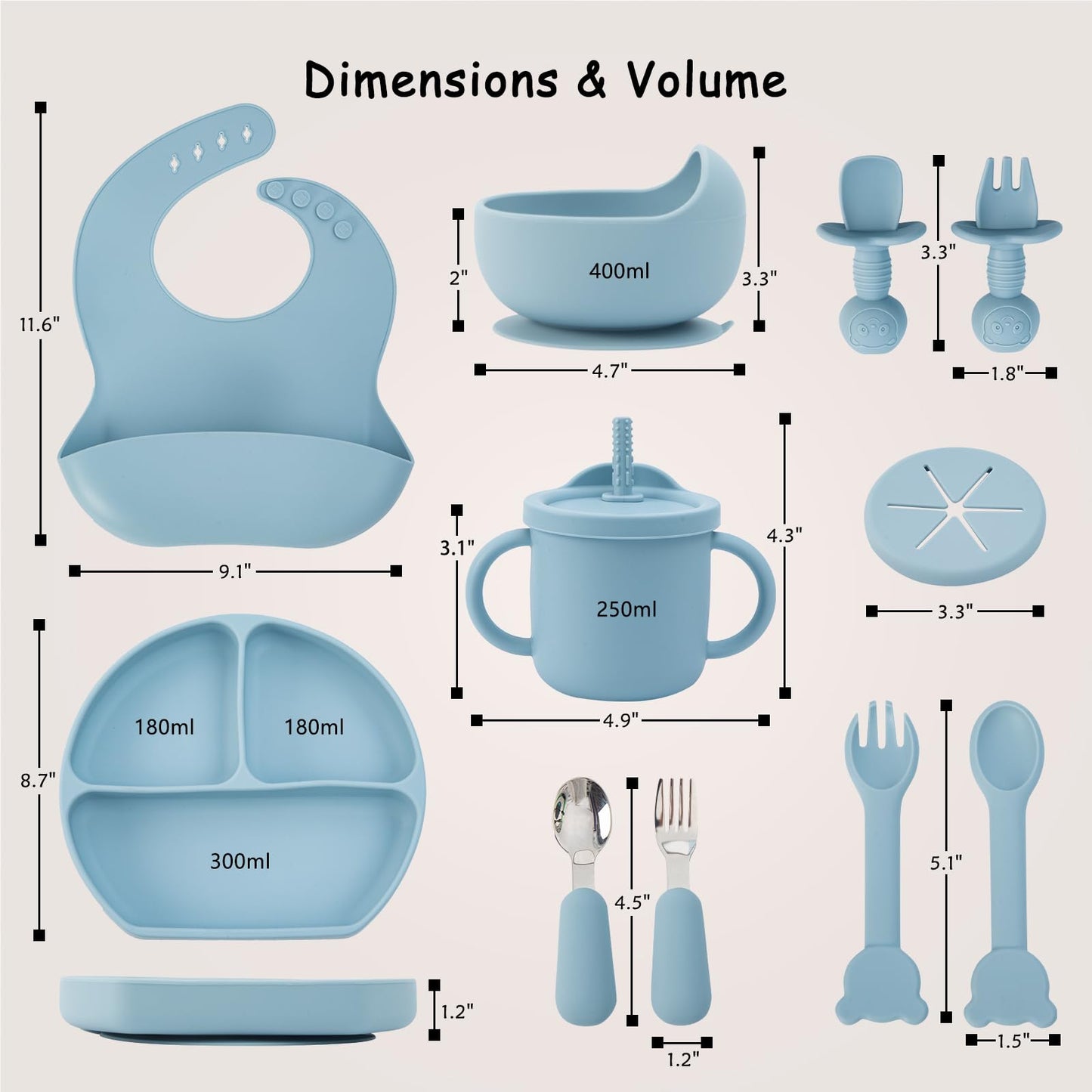 Baby Feeding Set, 13PCS Silicone Baby Self Feeding Set, Toddler Led Weaning Utensils Set with Suction Bowl and Plate, 3 Set of Baby Spoon and Fork, Adjustable Bid, Sippy Cup with Straw and 2 Lids