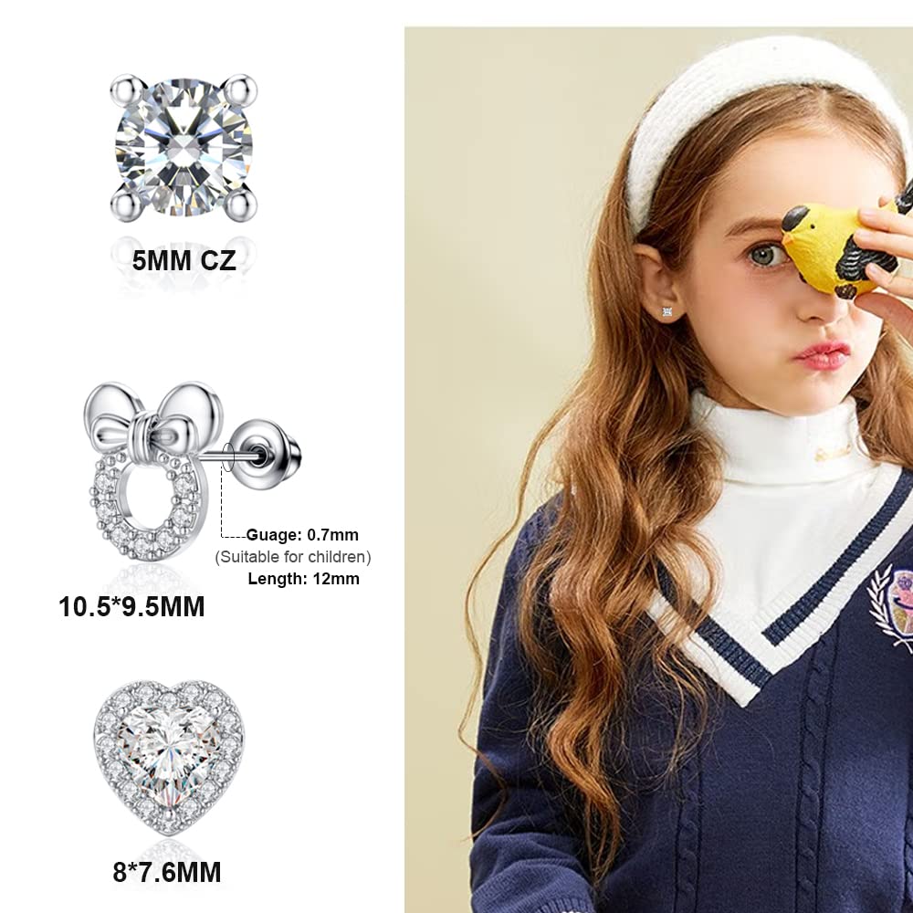 TOPBRIGHT 8 Pairs Hypoallergenic Earrings 925 Sterling Silver Stud Earrings White Heart CZ Tiny Butterfly For Kids, Toddlers, Little Girls, Teens, Women