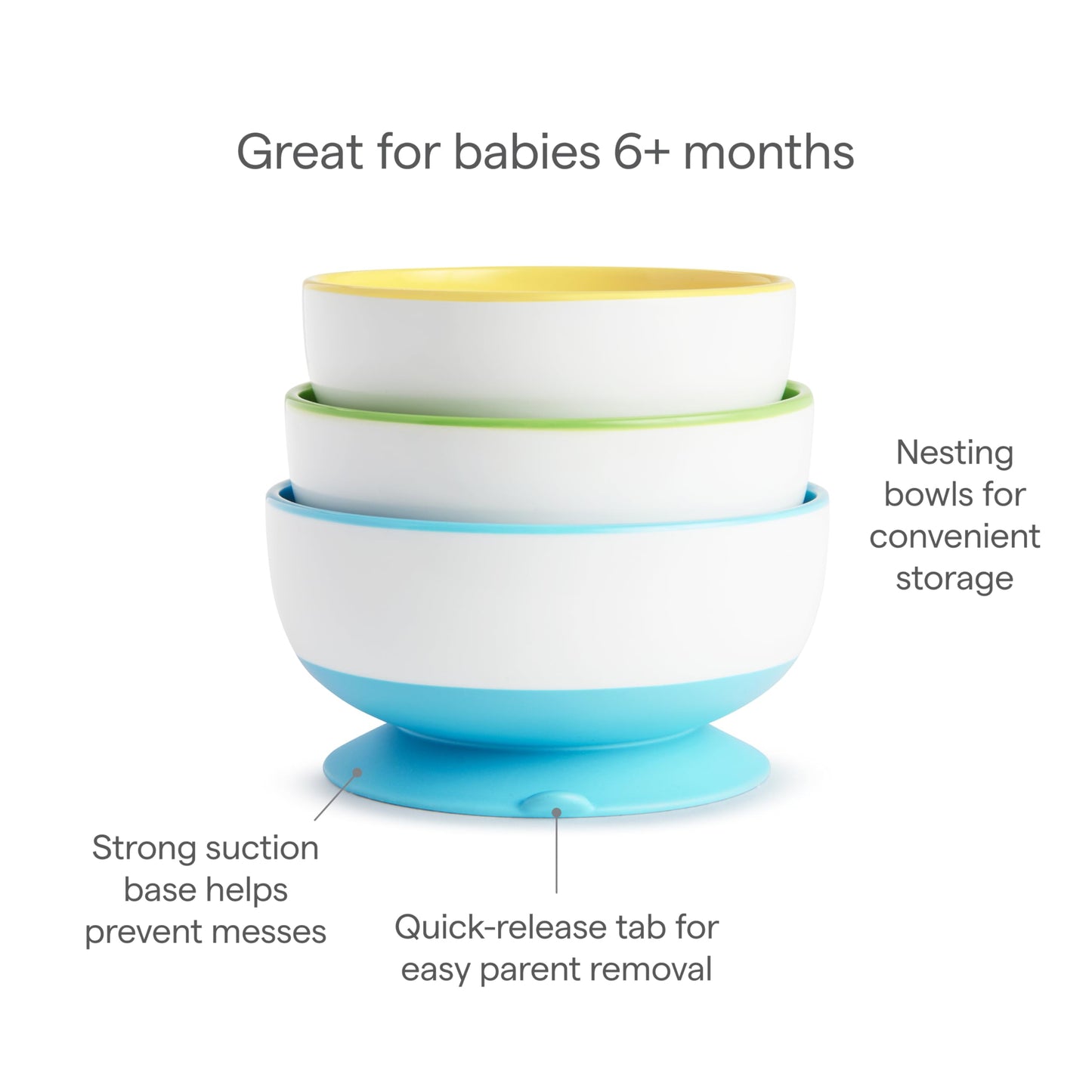 Munchkin Stay Put Suction Bowls for Baby and Toddler, 3 Pack, Blue/Green/Purple