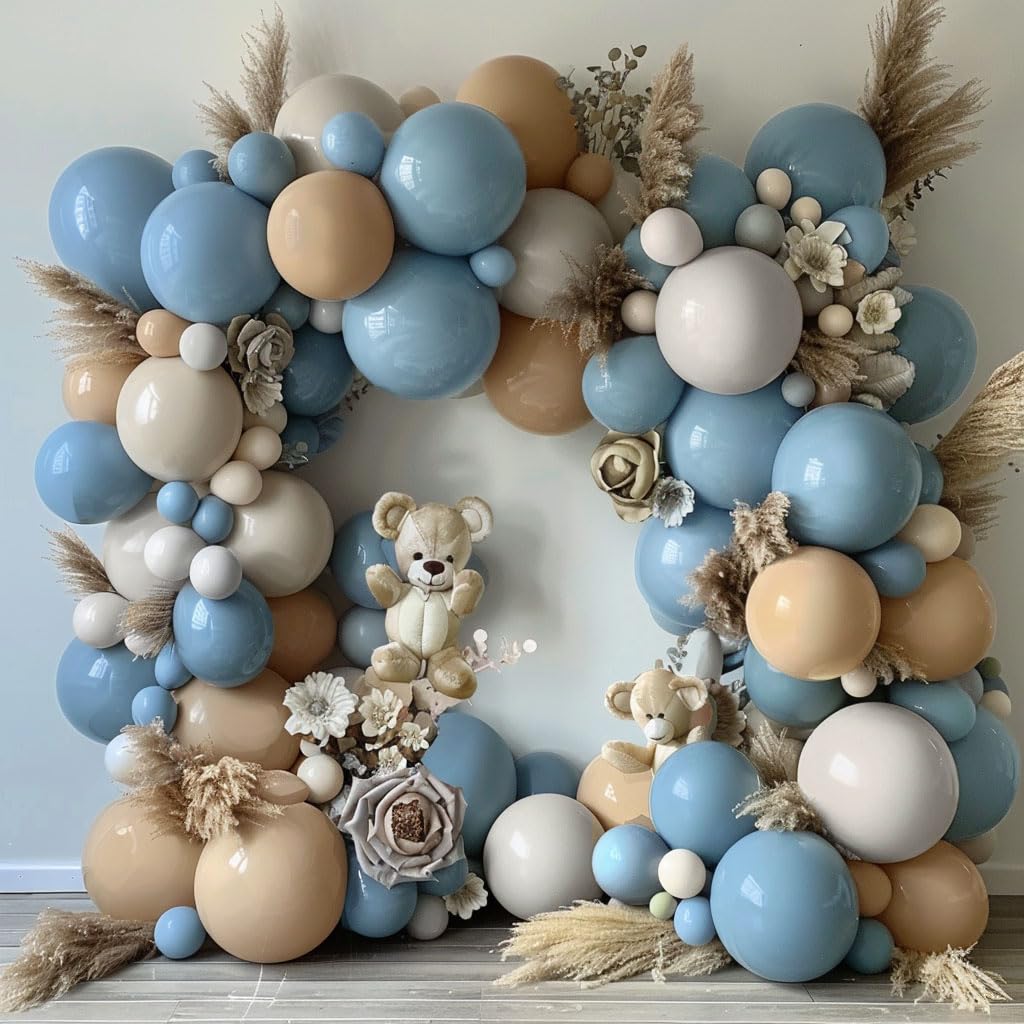 Dusty Blue Brown Balloon Garland Double Stuffed Blue Tan Balloons White Sand Grey Latex Balloons Neutral Balloon Arch Kit For Teddy Bear Baby Shower Boho Birthday Gender Reveal Party Decorations