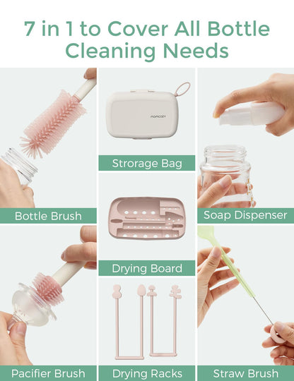 Momcozy Bottle Brush Kit, Innovative Push-Press Design for Better Cleaning - Baby Bottle Cleaner Brush for Baby Bottle, Breast Pumps, Nipples, and More - Can Generate Foam for Better Cleaning, Pink