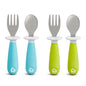 Munchkin® Raise™ Toddler Fork and Spoon Utensil Set, Rest Keeps Tip Off Table, BPA Free, 4 Pack, Blue/Green