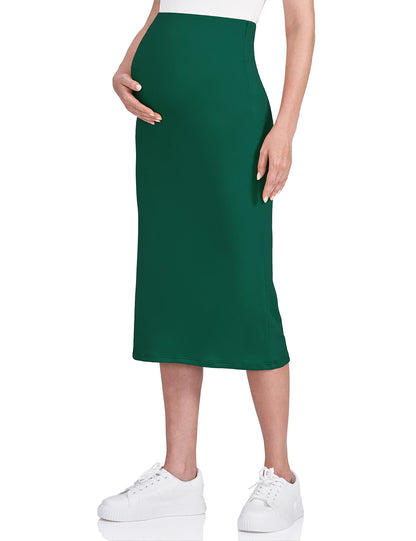 POSHDIVAH Women's Maternity Skirt Over The Belly Midi High Waisted Solid Stretchy Pregnancy Pencil Skirt