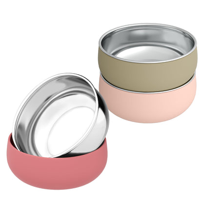 Bella's Friends Stainless Steel Baby Bowls with Silicone Sleeve 3 Pack, 4.3” for Toddlers Kids Feeding, Non-Slip, Non-Toxic, Mess-Free, Dishwasher Safe, Fit High Chair Size, Rose green Khaki