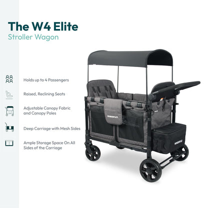 WONDERFOLD W4 Original Stroller Wagon (4 Seater) - Collapsible Wagon Stroller with Seats with 5-Point Harnesses, Easy Access Zipper Door, and Removable Sun Canopy, Black