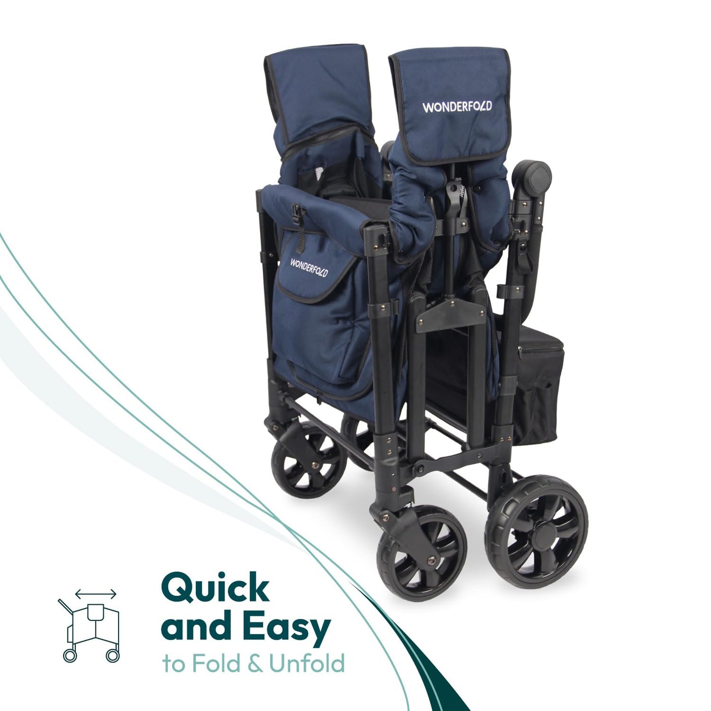 WONDERFOLD W4 Original Stroller Wagon (4 Seater) - Collapsible Wagon Stroller with Seats with 5-Point Harnesses, Easy Access Zipper Door, and Removable Sun Canopy, Black