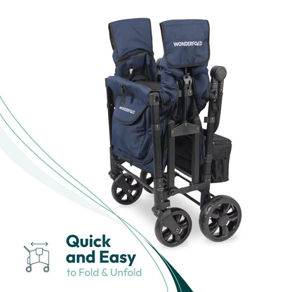 WONDERFOLD W4 Original Stroller Wagon (4 Seater) - Collapsible Wagon Stroller with Seats with 5-Point Harnesses, Easy Access Zipper Door, and Removable Sun Canopy, Black