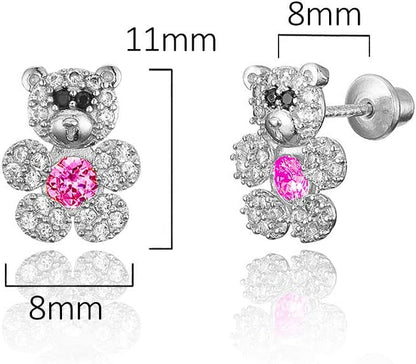 925 Sterling Silver Rhodium Plated Teddy Bear Cubic Zirconia Screwback Baby Girls Earrings