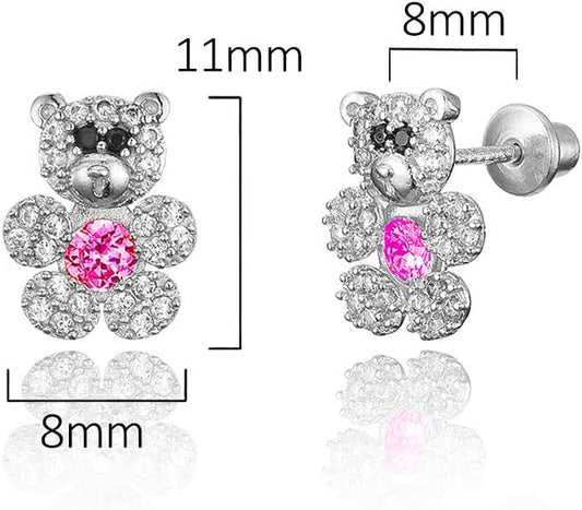 925 Sterling Silver Rhodium Plated Teddy Bear Cubic Zirconia Screwback Baby Girls Earrings