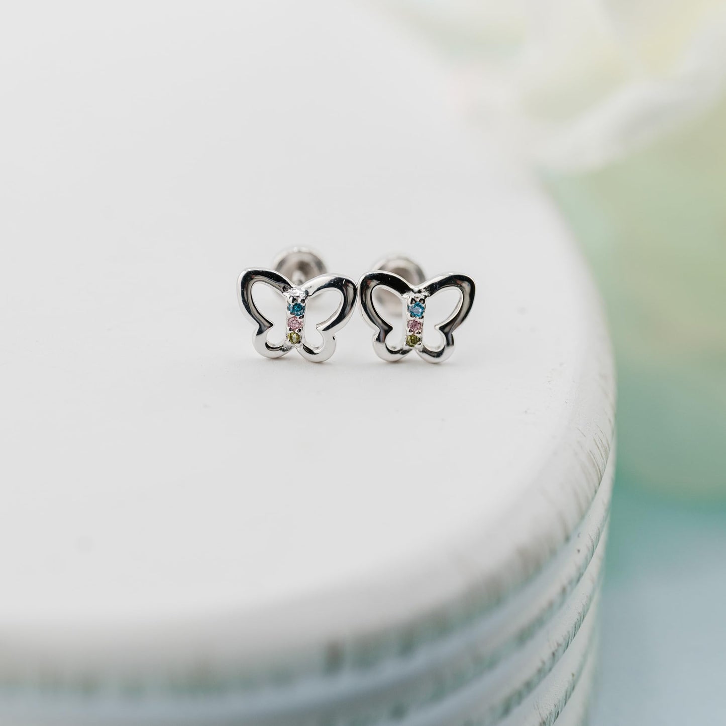 Cherished Moments Children's Sterling Silver Butterfly Screw Back Earrings with Pink or Rainbow CZs for Babies, Little Girls, Kids and Toddlers