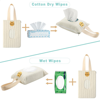 Beautyflier Refillable Wipes Dispenser for Travel, Portable Baby Wipe Case, Refillable Baby Wipes Container, Reusable Wet Wipe Pouch for Outdoor Outing, Camping, Hiking. (Beige, Tiger)