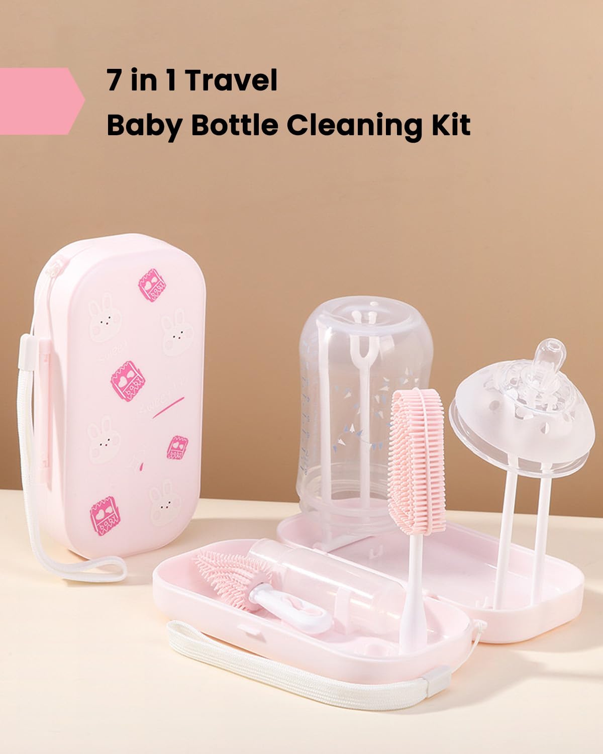 6-in-1 Travel Baby Bottle Brush Cleaning Kit, Travel Bottle Cleaner Kit with Silicone Bottle Brush, Nipple Brush, Straw Brush, Drying Rack, Dispenser, Organizer, Baby Travel Essential - Pink