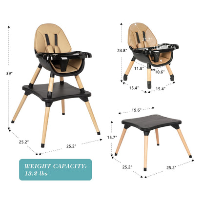 High Chair for Babies & Toddlers, Convertible Wooden 6 in 1 Baby Highchair, Table and Chair Set, Building Block Table, 5-Point Adjustable Seat Belts, 4-Position Removable Tray& PU Seat Cushion (Black)