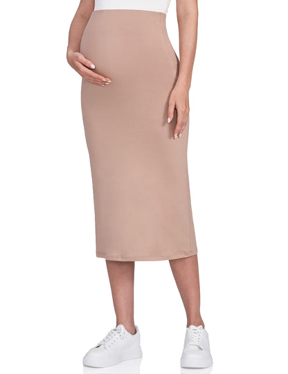 POSHDIVAH Women's Maternity Skirt Over The Belly Midi High Waisted Solid Stretchy Pregnancy Pencil Skirt