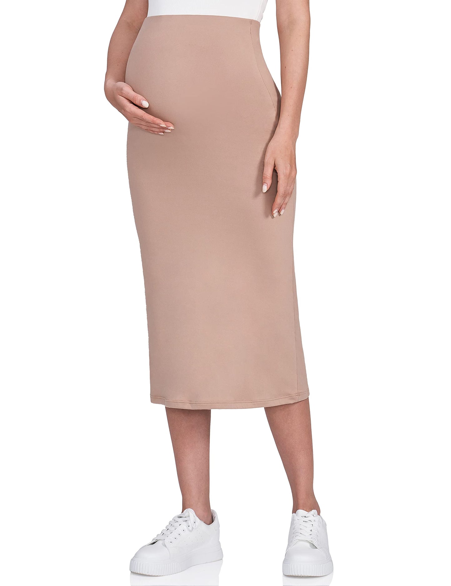 POSHDIVAH Women's Maternity Skirt Over The Belly Midi High Waisted Solid Stretchy Pregnancy Pencil Skirt