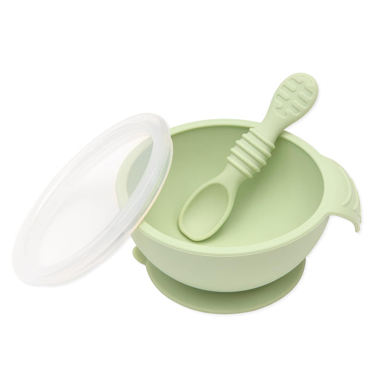Bumkins Baby Bowls, Disney Minnie Mouse Silicone Baby Feeding Set, Suction Bowls for Baby and Toddler with Spoon, First Feeding Set, Platinum Silicone Bowl for Babies 4 Months