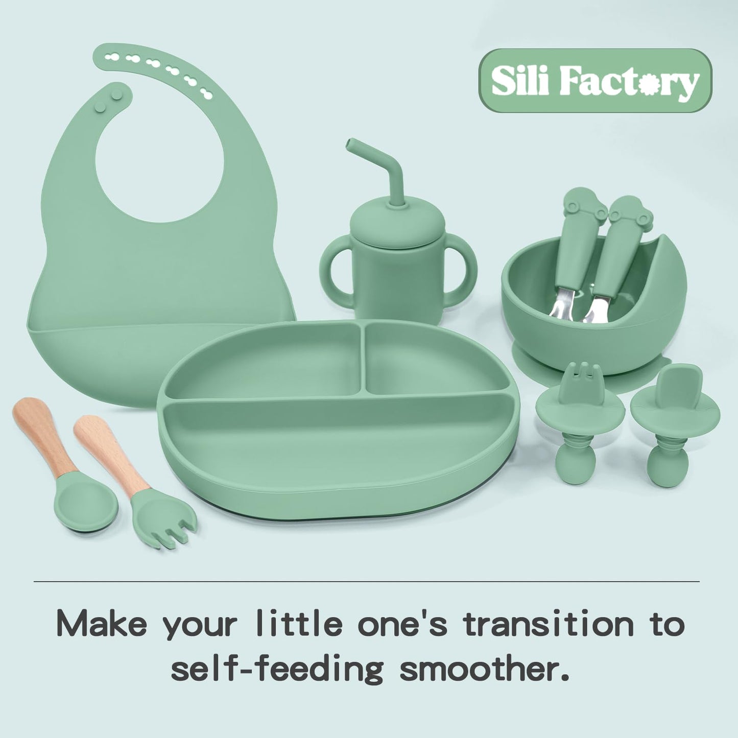 Silicone Baby Feeding Set, 10PCS Baby Led Weaning Supplies with Suction Bowl and Divided Plate, Bib Baby Cup Spoons Forks -Baby Feeding Essentials for 6+ Months