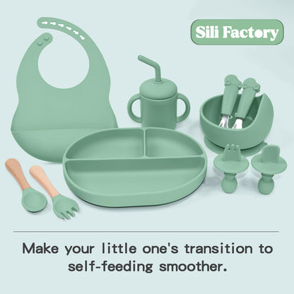 Silicone Baby Feeding Set, 10PCS Baby Led Weaning Supplies with Suction Bowl and Divided Plate, Bib Baby Cup Spoons Forks -Baby Feeding Essentials for 6+ Months