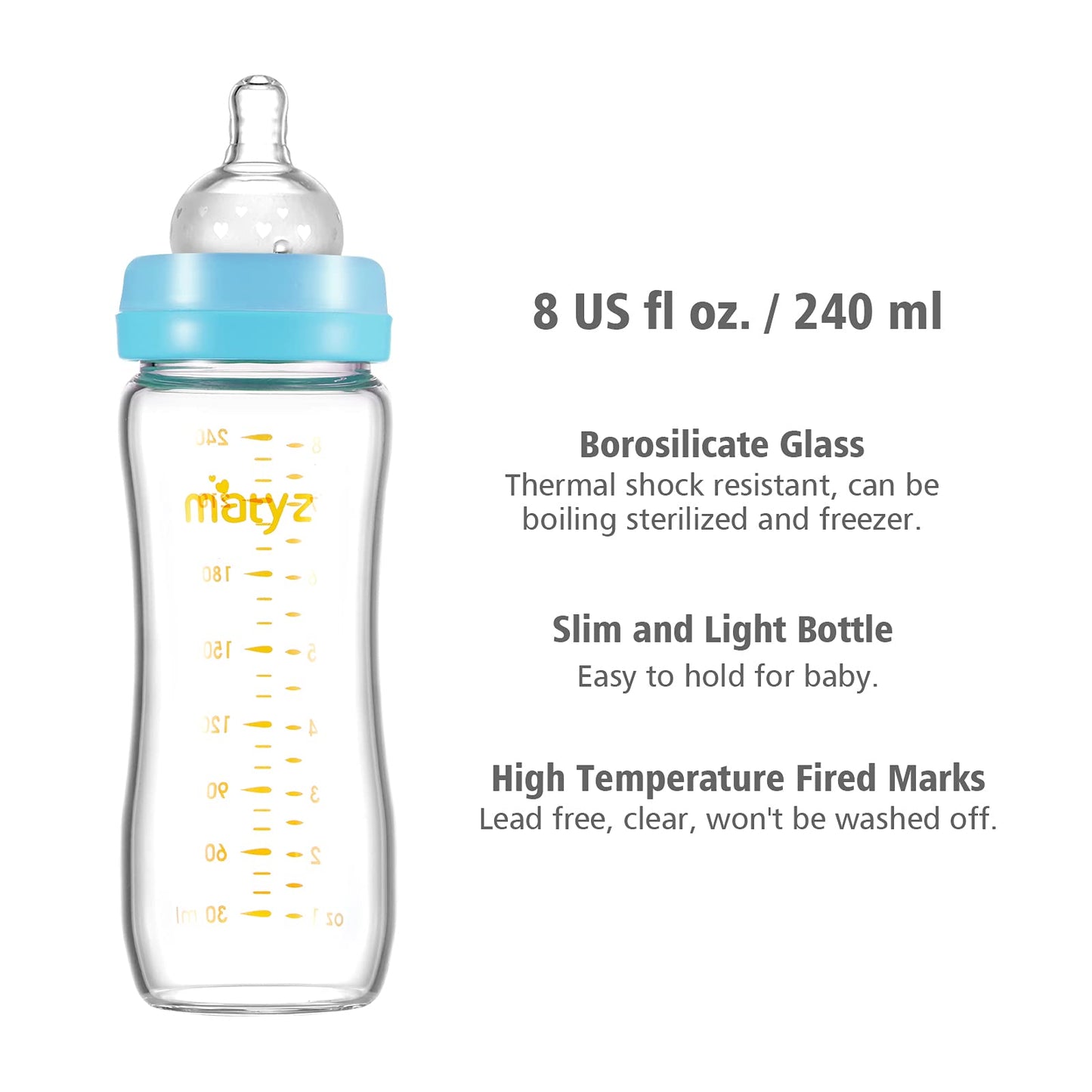 Matyz 8 Ounce Glass Baby Feeding Bottle With Nipple - Light and Slim, Easy to Hold and Clean - Food Grade Borosilicate Glass, Wide Neck for Breastmilk Feeding, No BPA (Pink Lids)