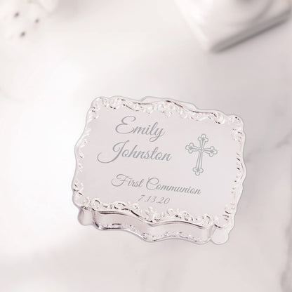 Cherished Moments Personalized Small Rectangle-Shaped Jewelry Keepsake Box with Custom Engraved Name or Initials, Silver Toned