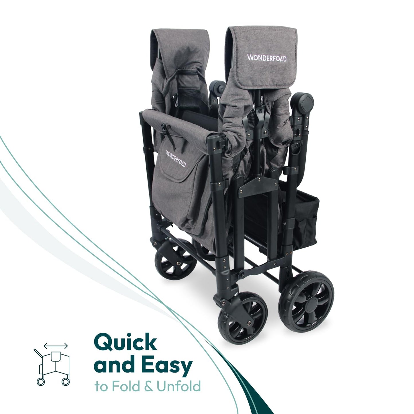 WONDERFOLD W4 Original Stroller Wagon (4 Seater) - Collapsible Wagon Stroller with Seats with 5-Point Harnesses, Easy Access Zipper Door, and Removable Sun Canopy, Black