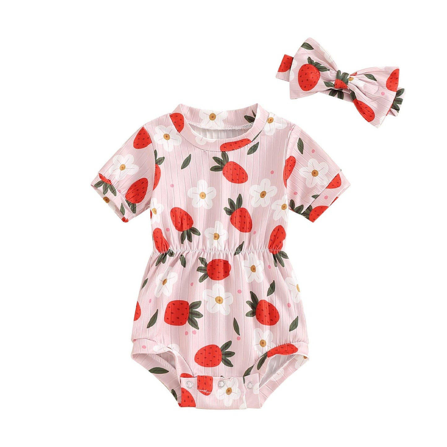 Baby Girl Summer Clothes Ribbed Short Sleeve Romper Solid Color Bodysuits Bow Headband Outfit Newborn Girl Jumpsuit