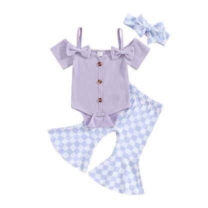 Fernvia Infant Baby Girl Clothes Suspenders Short Sleeve Ribbed Romper Flared Pants Set Headband 3pcs Summer Outfit