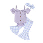 Fernvia Infant Baby Girl Clothes Suspenders Short Sleeve Ribbed Romper Flared Pants Set Headband 3pcs Summer Outfit