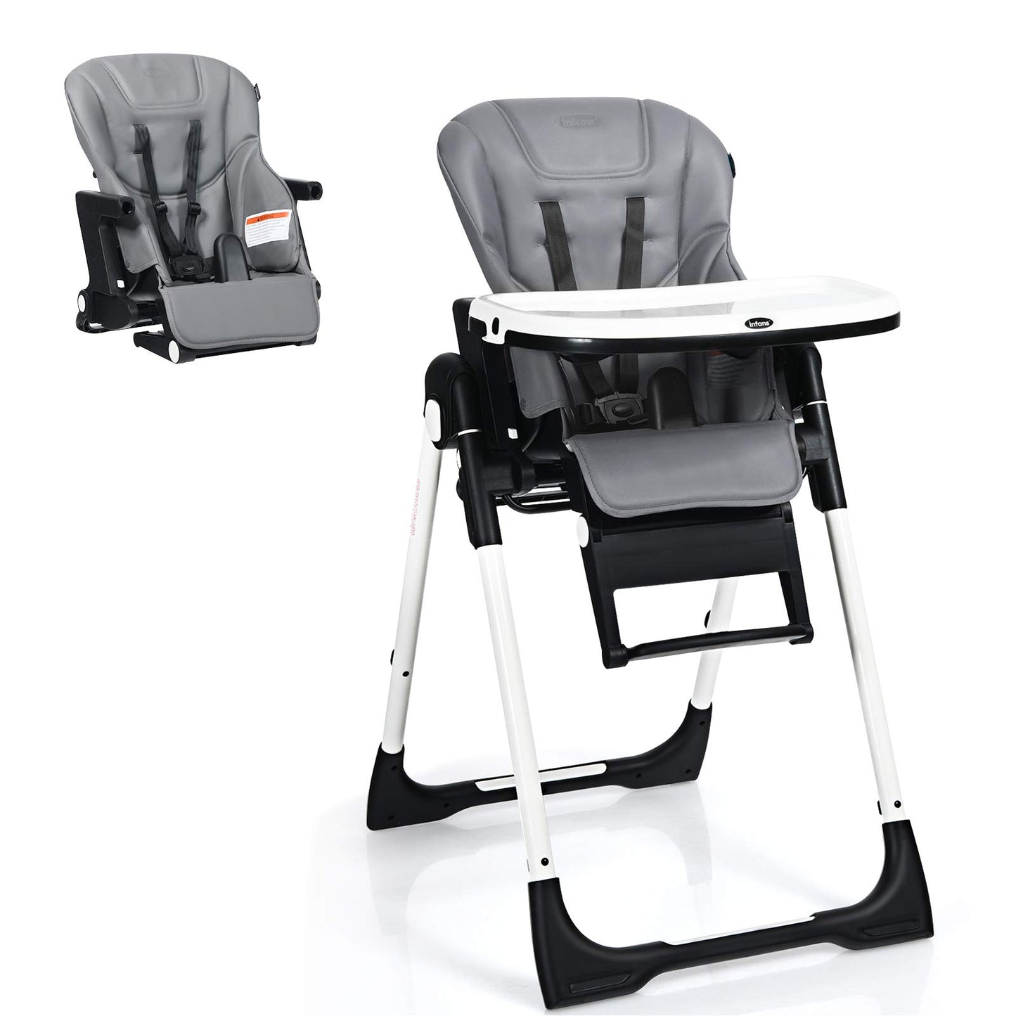 INFANS High Chair for Babies & Toddlers, Foldable Highchair with Multiple Adjustable Backrest, Footrest and Seat Height, Removable Tray, Detachable PU Leather Cushion, Built-in Rear Wheels (Black)