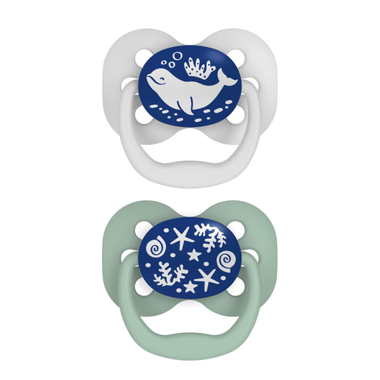Dr. Brown's Advantage Glow-in-the-Dark Baby Pacifier, Fully Symmetrical Soother with Soft Silicone Bulb, Lavender Love-Coral Ocean, 0-6m, BPA Free, 4 Pack