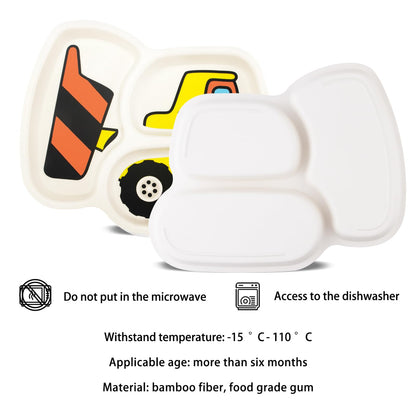 Kids Plate Set, Included Fork and Spoon 3-Piece Set - Toddler Dinnerware Dinner Dish Set - Baby Feeding Divided Plate - Child Portion Control Dish Tray (Excavators)