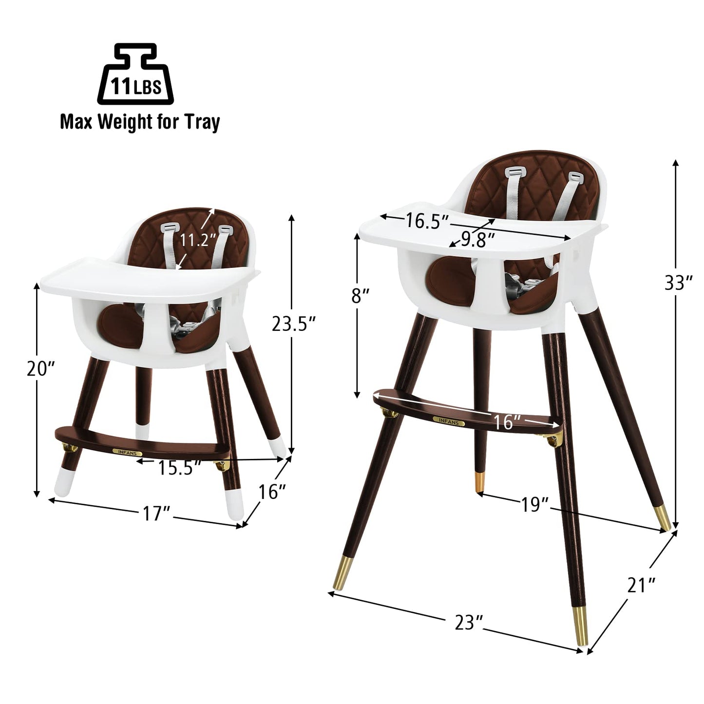 INFANS Baby High Chair, 3 in 1 Convertible Wooden Highchair for Babies & Toddlers, Modern Infant Feeding Chair with 5-Point Safety Harness, Footrest, Adjustable Legs, Removable Tray PU Cushion